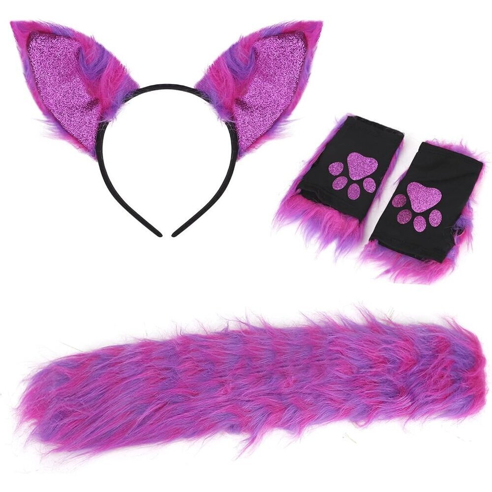 Faux Fur Animal Costume Set Cat Fox Ears Tail Gloves for Kids Adults